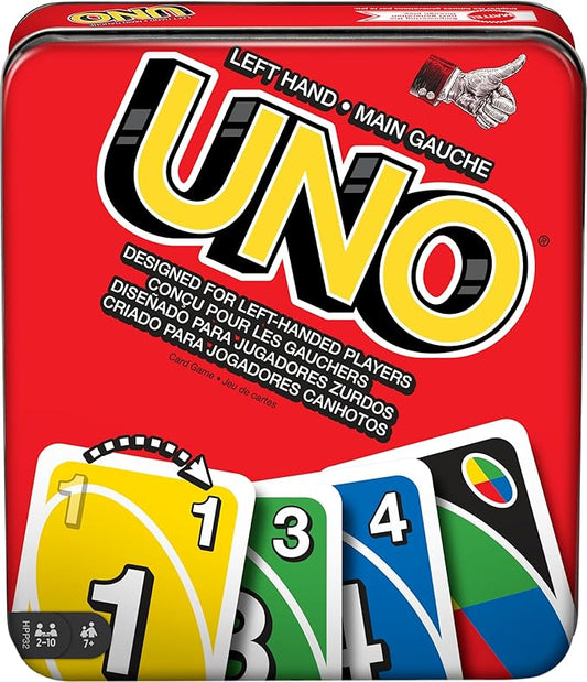Mattel Games UNO Card Game for Family Night with Cards Specially Designed for Left-Handed Players in Collectible Tin Box