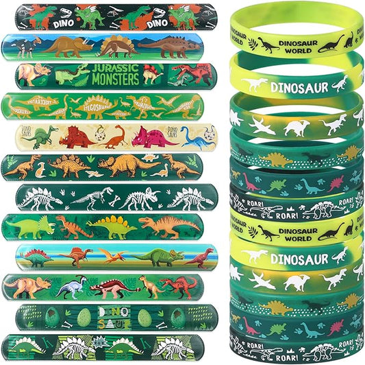 Tacobear 48Pcs Dinosaur Slap Bracelets Rubber Wristbands for Kids Boys Girls Birthday Party Favors Supplies Classroom Prize Gifts Dinosaur Goodie Bag Fillers