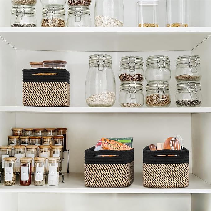 Goodpick Storage Baskets, Shelf Baskets for Organizing Dog Toy Basket Closet Organizer Bins Nursery Woven Basket for Storage Cube Decorative Box 3 Pack, Black & Jute, 13 x 8 x 5 in