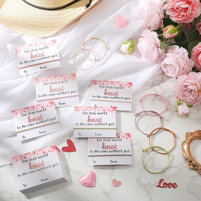 Riceshoot Valentine Gifts for Kids Classroom Neon Bracelets Rope Bracelets Valentine’s Day Gift Cards Our Class Will Knot Be The Same Without You Cards for Kids Classroom Exchange