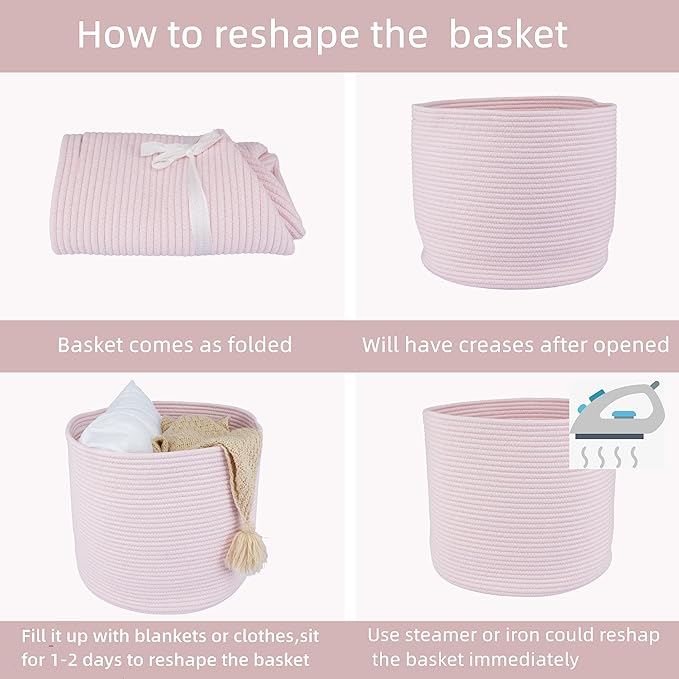 XUANGUO Cotton Rope Basket For Girls Kids 16”X14” Baby Laundry Baskets Nursery Bin Round Woven Basket Organizer For Storage Toys Blankets Shoes Clothes pink