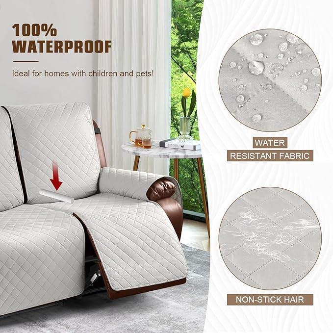 KinCam Waterproof Loveseat Recliner Cover, Non-Slip Reclining Couch Covers for 2 Seat, Recliner Sofa Cover Furniture Protector with Elastic Straps for Kids, Pets, Beige