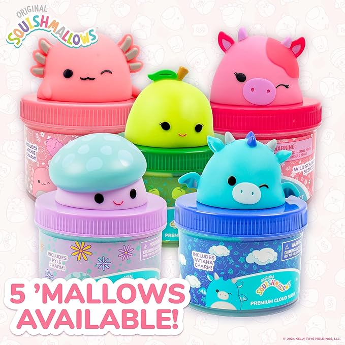 Original Squishmallows Calynda The Cow Premium Cloud Slime, Strawberry Scent, 8 oz. Jar Storage Container with Figurine Topper, Rubber Charm, Goodie Bags Stuffers, Kids Party Favors, Sensory Toys