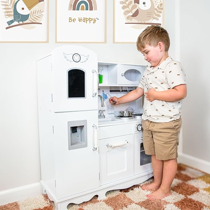 Sunnydaze Chef Sounds Interactive Play Kitchen for Kids - Wooden Kitchen Playset with Lights, Sounds, and Accessories - White