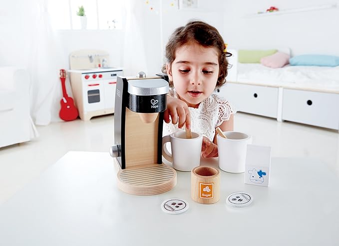 Hape Wooden Black Coffee Maker Kitchen Set with Accessories| Pretend Play Toy Set for Kids Ages 3 Years and Up