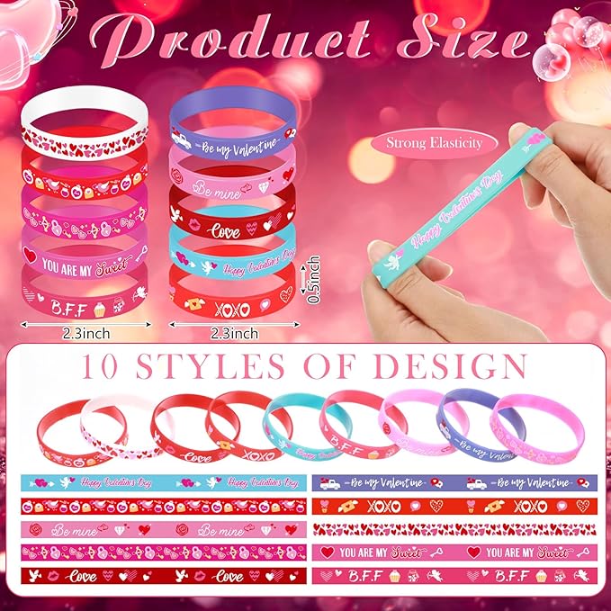 Wettarn 100 Pcs Valentines Silicone Wristband Happy Valentine's Day Wristbands Heart Rubber Bracelets Valentine's Day Party Favors Silicone Bracelets
