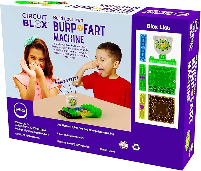 E-Blox Building Blocks STEM Circuit Kit, Build Your Own Burp & Fart Machine, Add Funny Sounds to Brick & Structure Science Projects, Birthday & Gag Gift, Boys, Girls, 5+