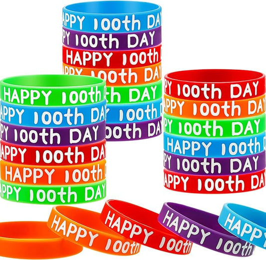 WILLBOND Happy 100th Day of School Silicone Bracelets Colorful Rubber Wristbands Gift for Kindergarten Teacher Student Rewards Classroom Party Supplies Decoration(65)