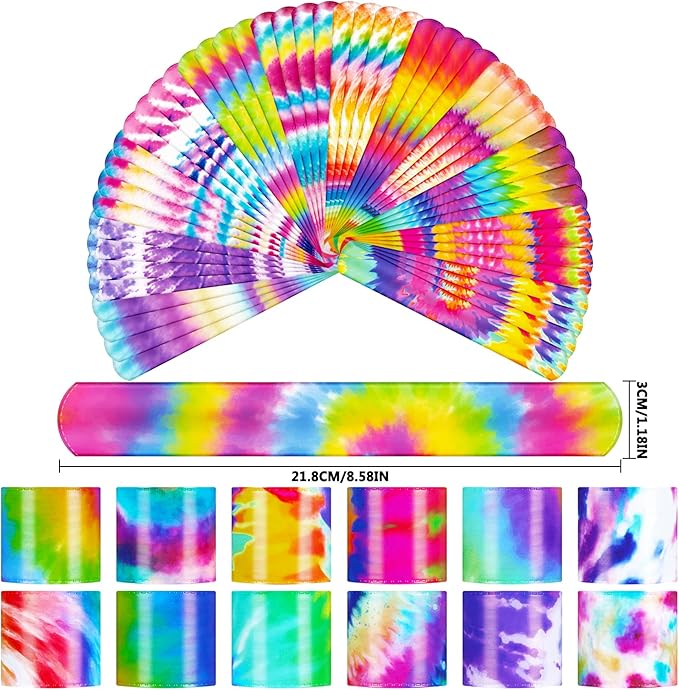 Sawowkuya 48PCS Tie Dye Party Favors Slap Bracelets, Colorful Wristbands for Kids Classroom Gifts Exchanging,Gift Box Filler,Birthday Party Decorations Supplies