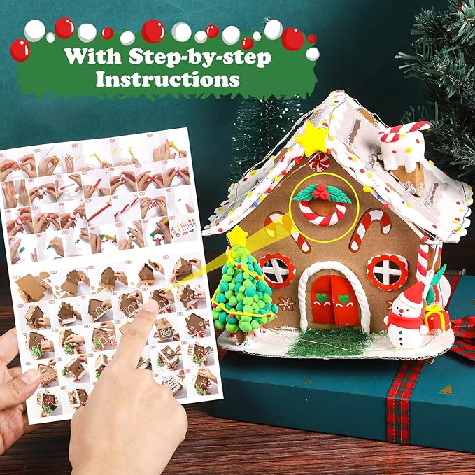 Fovths 4 Sets Clay Christmas Gingerbread House Kit with Lights Craft Cardboard Gingerbread House DIY Christmas Decorations Holiday Activity Arts and Crafts for Christmas Party Supplies Decoration