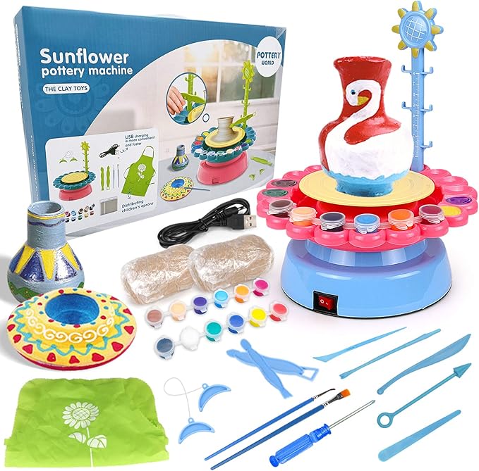 Pottery Wheel Art Craft Toys - Kids Art Kit Polymer Air Dry Clay Modelling Clay Kit for Kids DIY Pottery Studio Family School Beginner Education Sets (Blue-Pink)