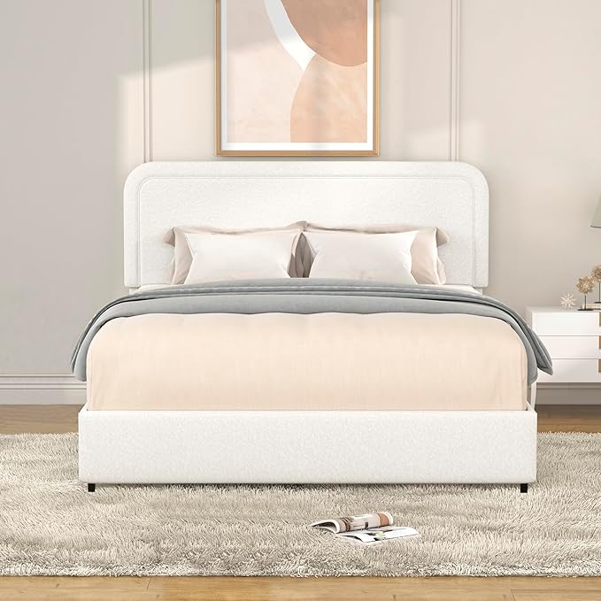Christopher Knight Home Liv Upholstered Bed with Storage, Queen Size Platform Bed with 2 Drawers, Curved Stitched Tufted Headboard, Wooden Slat Mattress Support, No Box Spring Needed, Ivory Boucle