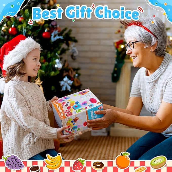 PLAY Smoothie Maker Toy Blender Set - 27 Pcs Pretend Play Kitchen Appliance for Kids with Realistic Action, Light and Sound, Play Toy Food Fruits and Cookies, Toy Mixer Birthday Gift for Kids Ages 3+