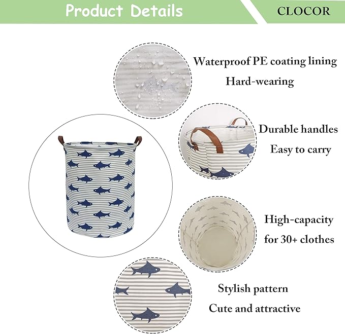 CLOCOR Kids Laundry Basket,Shark Toy Storage Bins,Baby Clothes Hamper,Round Gift Basket with Handles for Bedroom Nursery,Toddler Room Decor (Shark)