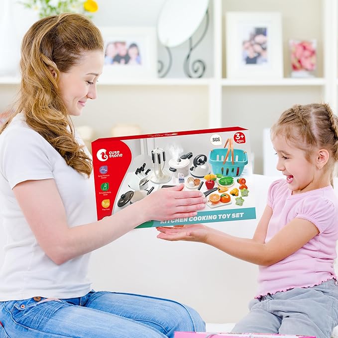 CUTE STONE Pretend Play Kitchen Toy with Cookware Steam Pressure Pot and Electronic Induction Cooktop, Cooking Utensils, Toy Cutlery, Cut Play Food, Shopping Basket Learning Toy for Girls Boys