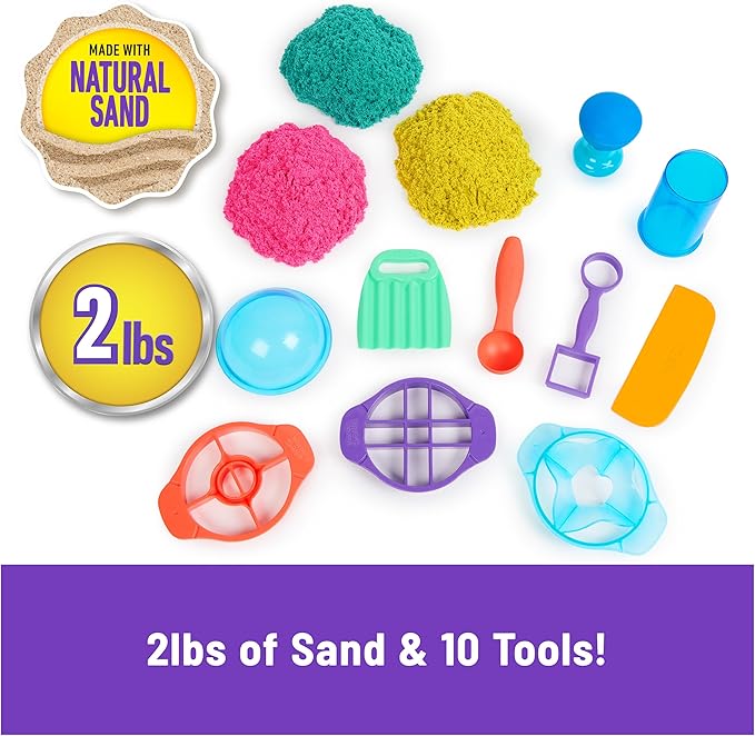 Kinetic Sand, Ultimate Sandisfying Set with 2lbs Play Sand (Pink, Yellow & Teal), 10 Tools & Molds, Sensory Toys for Kids Ages 7 and up