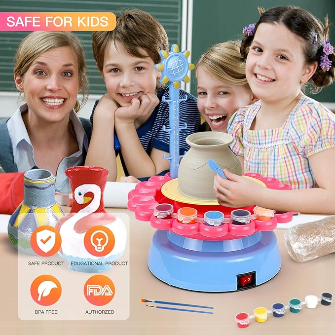 Pottery Wheel Art Craft Toys - Kids Art Kit Polymer Air Dry Clay Modelling Clay Kit for Kids DIY Pottery Studio Family School Beginner Education Sets (Blue-Pink)