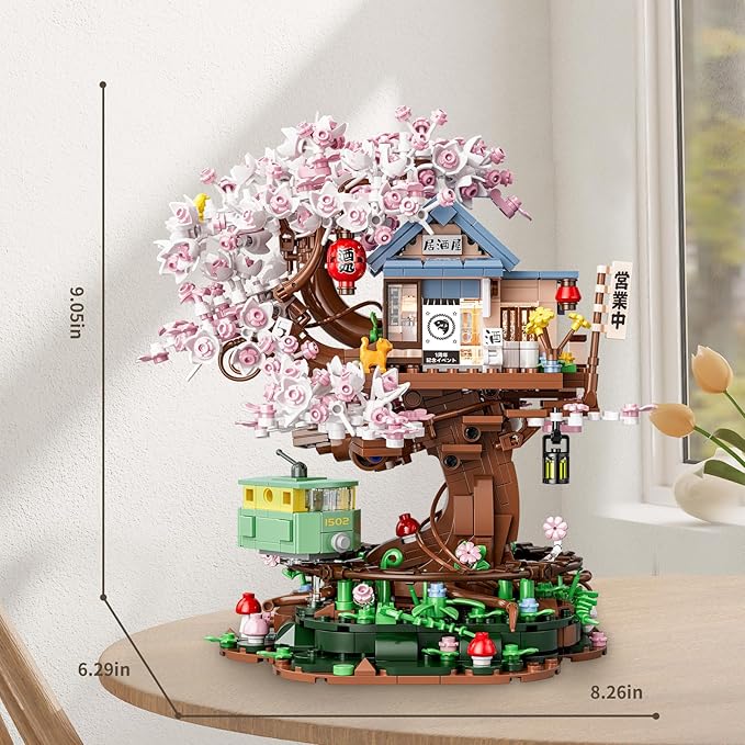 Cherry Blossom Treehouse Building Set for Girls 8-12, Compatible with Lego Friends, Flowers House Japanese Izakaya Shop Architecture Building Blocks with Light for Adults, Gift Toy for Kids (1098 PCS)