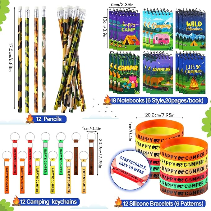 Zhanmai 140 Pcs Camping Party Favors Include Silicone Bracelets, Stickers, Camping Keychain, Badge, Camouflage Pencils, Spiral Camp Adventure Theme Notepads Drawstring Bags Mini Flashlight for Kids