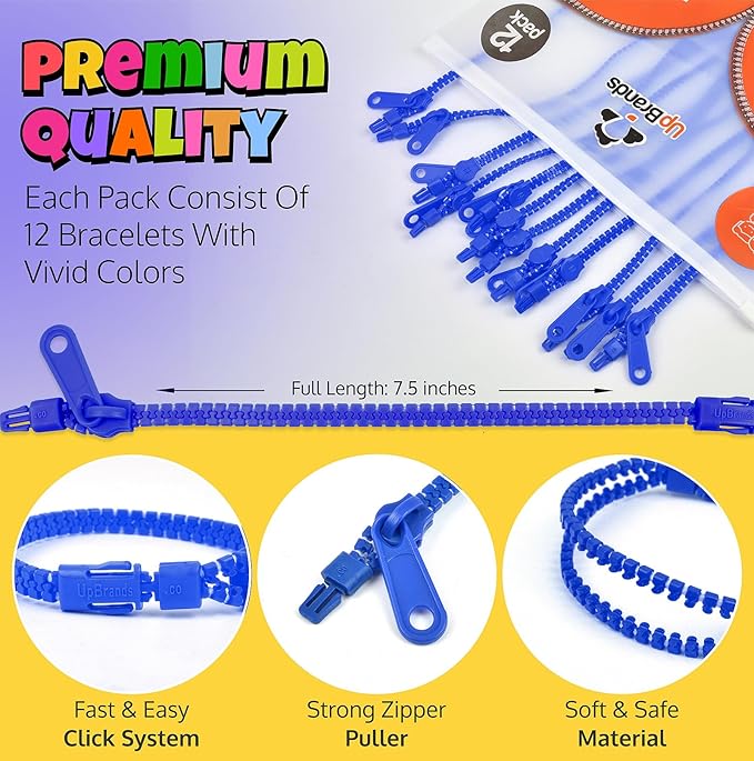 UpBrands 12-Pack Blue 7-Inch Zipper Bracelets – Ocean-Inspired Fidget Party Favors for World Oceans Day, Bulk Sensory Toys, and Peaceful Accessories for Kids