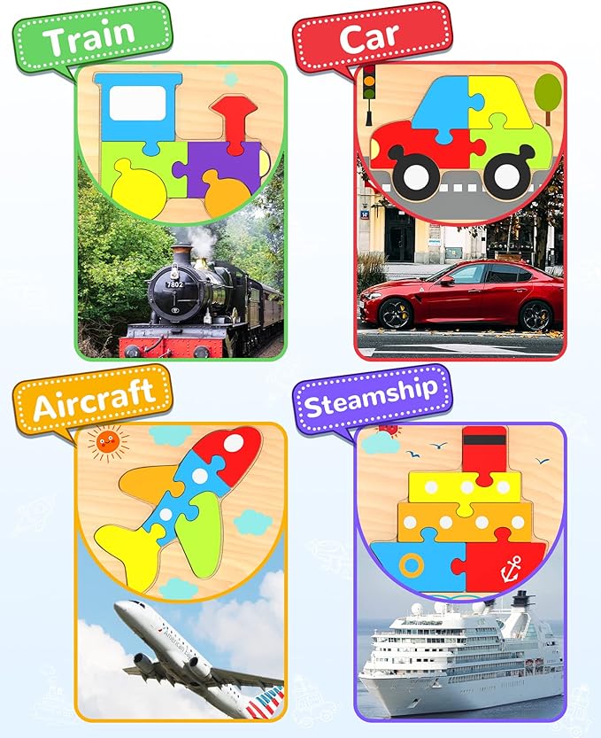Yetonamr Wooden Toddler Puzzles Gifts Toys for 1 2 3 Years Old Boys Girls, 4 Vehicle Shape Montessori Toys Educational Blocks Kids Toys Gift Baby Learning Toy Age 1-3, 2-4