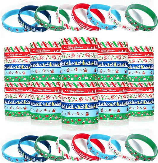 Wettarn 60 Pcs Christmas Bracelets Prizes for Kids Xmas Party Favors Silicone Wristbands Snowman Santa Claus Reindeer Bracelet for Kids Adults Festival Party Supplies Stocking Stuffers Gift