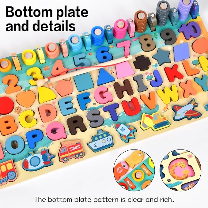 Wooden alphanumeric Shapes Jigsaw Ring Count Classification Toys Math Shapes Building Blocks Toddler Learning Playboard Math Fishing Educational Toys Montessori Educational Toys (color1)