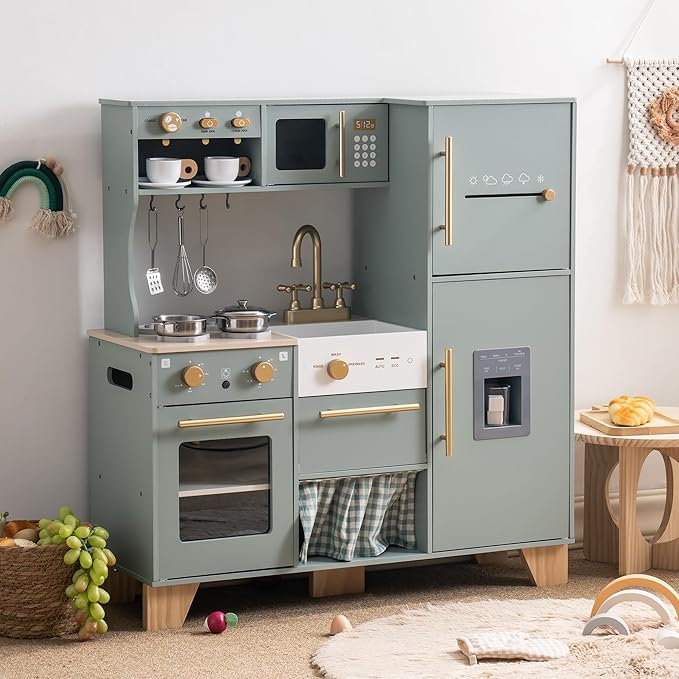 ROBOTIME Play Kitchen for Kids Toddlers, Wooden Pretend Play Kitchen Set Toy with with Fridge, Ice Maker, Coffee Maker, Toys Kitchen Gift for 3+ Year Old Kids, Girls & Boys