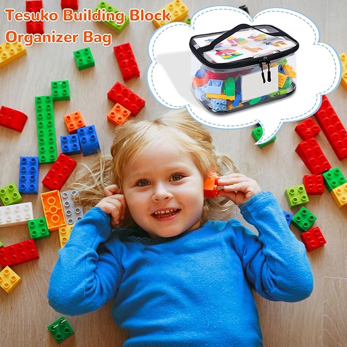 Tesuko 6 Pack Clear Toy Storage Bag with Name Tag& Manual Pocket, Waterproof Transparent PVC Toy Organizer Case for Lego Bricks, Board Games, Building Blocks, Puzzles (Large Capacity, Black)