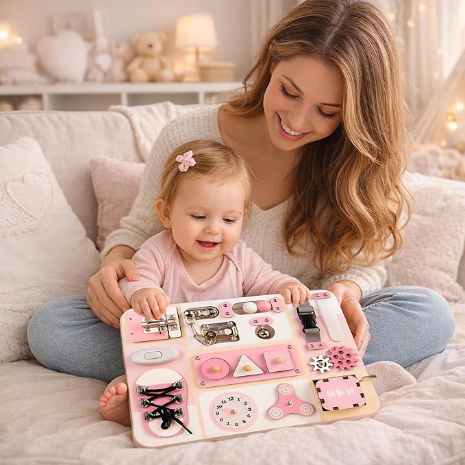 Montessori Busy Board for Baby & Toddlers 1-3 - Wooden Sensory Activity Board with 13 Activities, Real Metal Locks & Latches - Fine Motor Skills Educational Toy for 1 2 3 Year Old - Travel Friendly