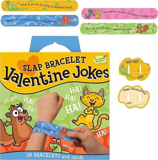 Peaceable Kingdom Valentines Cards for Kids Classroom, Set of 28 Valentines Day Gifts - Jokes Slap Bracelets