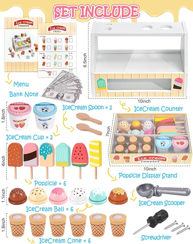 Toyssa Wooden Ice Cream Toys Kids Pretend Play Store Toys for Toddlers Girls 3 4 5 6, Wooden Food Christmas Birthday Gifts Play Kitchen Accessories for 2 3 4 5 Year Old Girls Boys