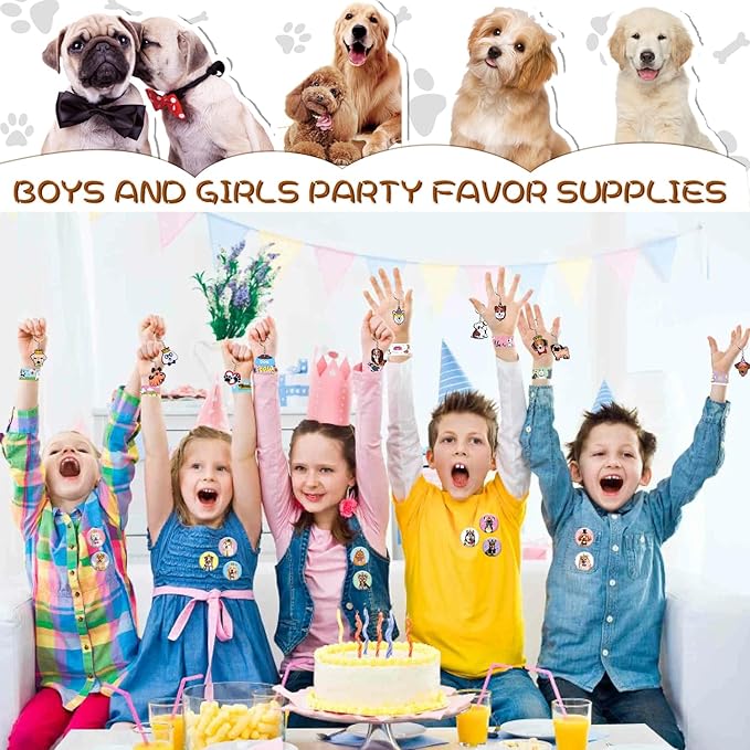 114PCS Dog Paw Party Favors Set, Puppy Party Favors for Kids, 54 Dog Stickers,12 Goodie Bags,12 Button Badges,12 Keychains,12mini Notepads,12 Slap Bracelet for Paw Print Birthday Party Supplies