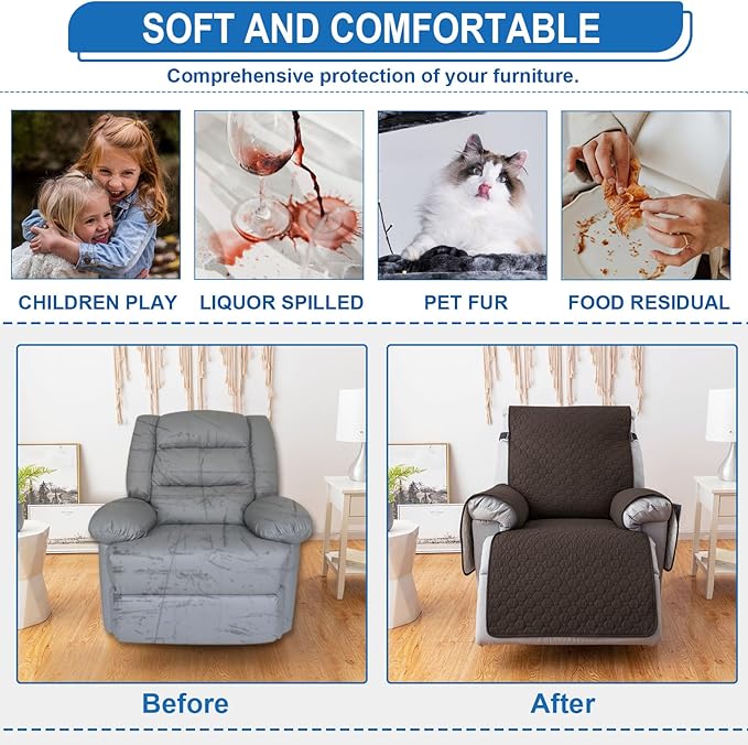 100% Waterproof Recliner Covers for Small recliners, Anti-Slip Recliner Chair Covers with 5 Pockets, Elastic Straps, Washable Recliner Protector for Kids, Pets, Dogs, Brown