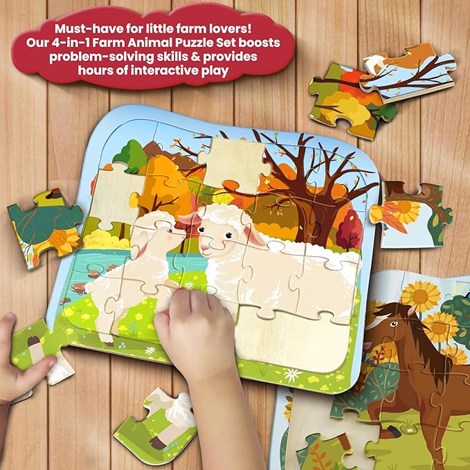 Wooden Farm Animal Puzzles for Kids Ages 4-6, 4 in 1 Gift Box 4-Pack 20-Piece Jigsaw Puzzles Come with 4 Small Animal Figures,Preschool Educational Toys Gifts for Kids Boys Girls Ages 3+