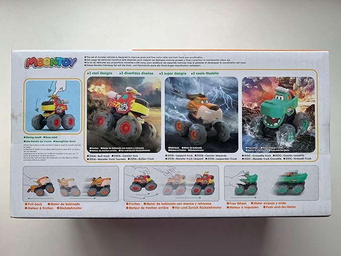 MOONTOY Toy Cars for 1 2 3 Year Old Boys, 3 Pack Friction Powered Cars Pull Back Toy Cars Set - Bull Truck, Leopard Truck, Crocodile Trucks, Push and Go Toy Cars for Toddler Boys Baby Gift.