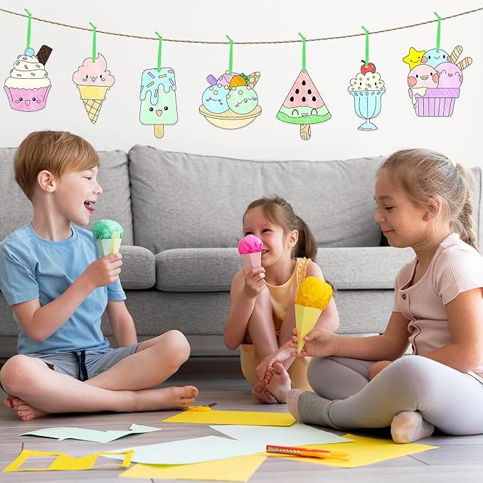 JAPBOR Ice Cream Coloring Craft - 83PCS Summer Ice Cream Themed Party Activities Game Kits for Kids, Color Your Own DIY Desserts Art Cards Hanging Ornament, Draw Paper Book School Activity Party Favor