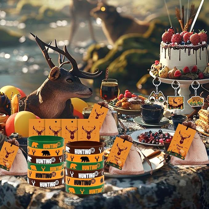 Tazimi 110 PCS Hunting Party Favors Hunting Birthday Party Supplies Camo Party Favors with Hunting Keychains Stickers Rubber Bracelets Button Pins and Bags for Hunting Theme Party
