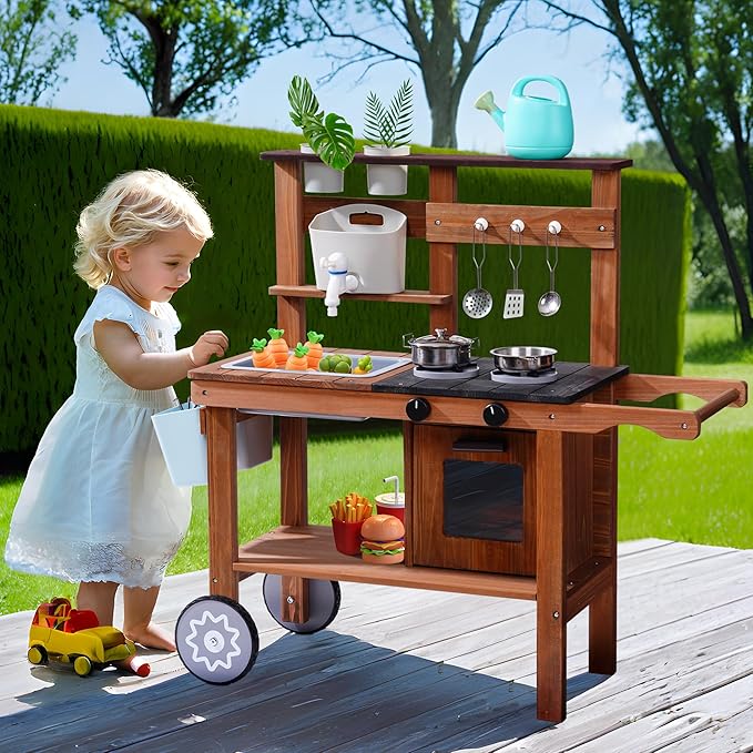 ROBOTIME Mud Kitchen for Kids Outdoor, Wooden Kids Kitchen Playset with Wheels, Outdoor Play Kitchen with Accessories, Fun Backyard Pretend Outdoor Toy Kitchen for Boys Girls Ages 3+