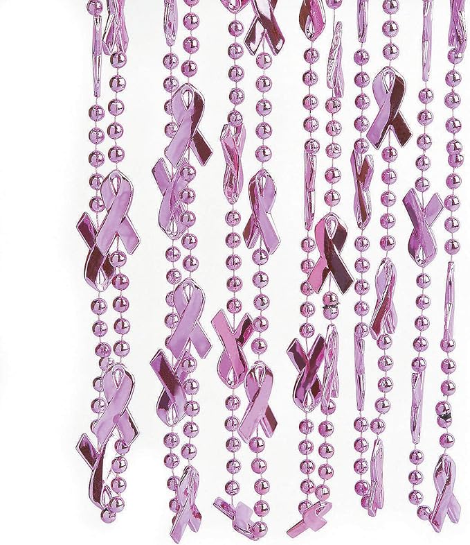 Pink Ribbon Breast Cancer Awareness Beaded Necklaces (24 pack) Bulk Mardi Gras Beads