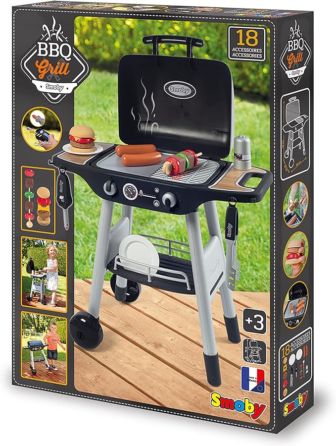 Smoby: BBQ Plancha Grill - Black, 18-Piece Accessory Playset - Realistic Cooking, Turn The Button & See Flames Appear, 19.69x14.57x28.43, Kids Age 3+