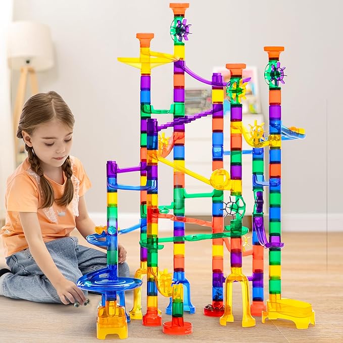 JOYIN 170Pcs Glowing Marble Run, Construction Building Blocks Toys with 5 Glow in The Dark Glass Marbles, STEM Educational Building Block Toy(120 Plastic Pieces + 50 Glass Marbles)