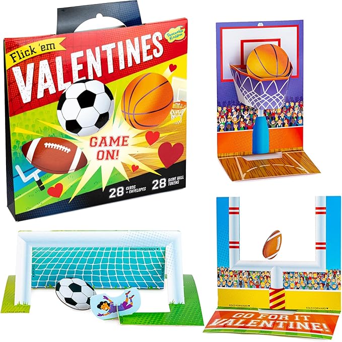 Peaceable Kingdom Valentines Cards for Kids Classroom, Set of 28 Valentines Day Gifts - Flick 'em Sports Games