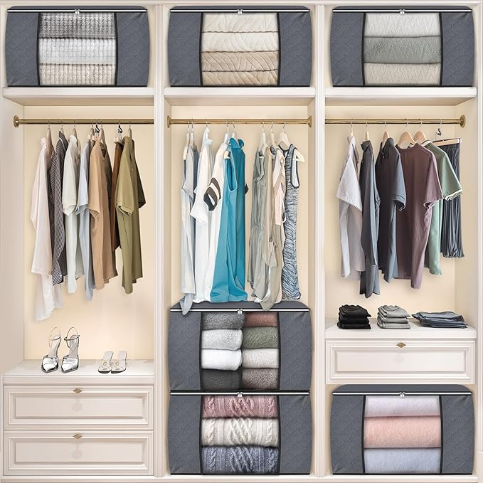 Fab totes 24 Gallons Clothes Storage, Foldable Thick Fabric Blanket Storage Bags, Containers for Organizing Bedroom, Closet, Clothing, Comforter, Organization with Handle (6 Pack,Grey)