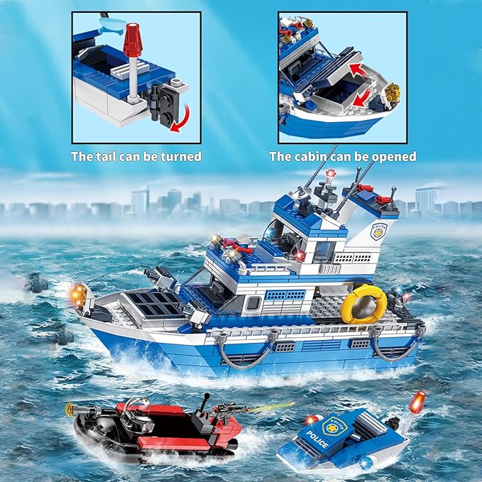 City Boat STEM Building Blocks Sets, Compatible with Lego City Police Boat and Ship Playsets, Rescue Boats That Float Toy Building Kit for Boys 6 7 8 9 10 11 12ļ¼480 Pcsļ¼