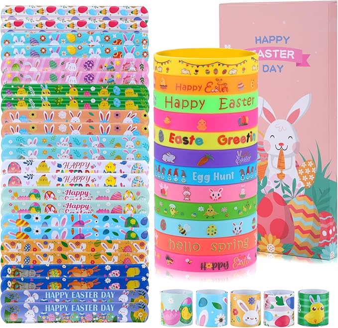 xutengy 48Pcs Easter Party Favors Decorations Slap Bracelets Rubber Wristbands for Kids Girls Boys,Easter Basket Stuffers Easter Egg Fillers Gifts for Toddlers
