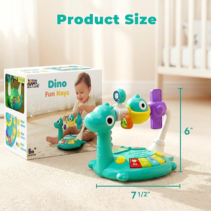 iPlay, iLearn Baby Dinosaur Musical Piano Toy, Infant Tummy Time Music Toy W/ Light Sound, Toddler Sensory Development Learning Activity, Birthday Gift 6 7 8 9 10 12 Month 1 2 3 Year Old Boy Girl Kid