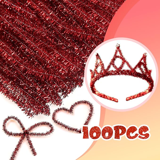TOAOB 100pcs Christmas Glitter Pipe Cleaners Red Metallic Pipe Cleaners Craft Supplies 6mm x 12 Inch Chenille Stems Pipe Cleaners for Art DIY Crafts Decorations