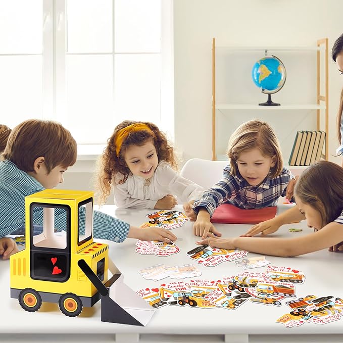 Pasimy DIY Valentines Day Mailbox with 33 Construction Vehicle Cards Valentines Day Crafts for Kids Bulldozer Mailbox for Classroom Exchange Party Activity Box Crafts for Kids Girls Boys