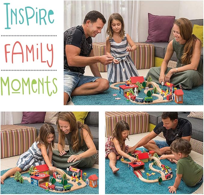 Wooden Train Set - 69 Pieces Wooden Train Tracks & Trains for Kids, Toddler Boys and Girls 3,4,5 Years Old and Upā Premium Wood Construction Toys -Fits Thomas, Brio, IKEA, Melissa and Doug
